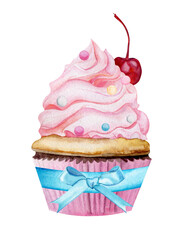 Сupcake with cream and cherry. Watercolor cupcake on a white background with bright sprinkles. Dessert to decorate the holiday