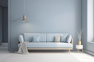 The interior of a modern living room with a dark blue sofa | Modern cosy living room and blue wall texture background interior design / 3D rendering , Generative AI