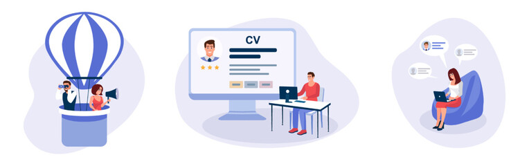 Set of cartoon characters of HR managers searching for new employees. Hiring manager occupation. Human resource management. HR department staff. Vector