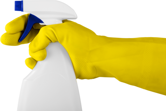 Hand in glove with the cleaner isolated on white background