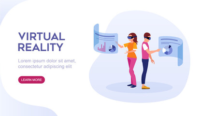 Landing page design template for virtual reality website. Cartoon characters of young man and woman experiencing virtual reality simulation together. Vector