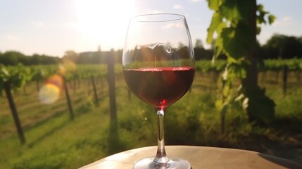glass of red wine on the background of the vineyard