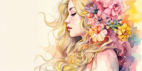 Watercolor young woman with flowers portrait art. Colorful creative watercolor illustration. Generative Ai