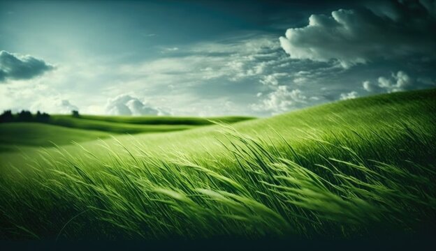 Windswept Meadows: AI-Generated Digital Art of Green Fields with Cloudy Skies. generative ai