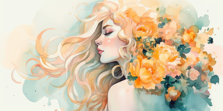 Watercolor young woman with flowers portrait art. Colorful creative watercolor illustration. Generative Ai