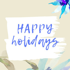 Happy wedding day greeting with abstract blue flowers. Happy day text on watercolor floral background.