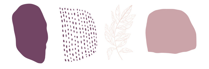 Set of abstract design elements. Smooth forms. Contour branch. Hand drawn. Pastel colors. Isolated on white background.