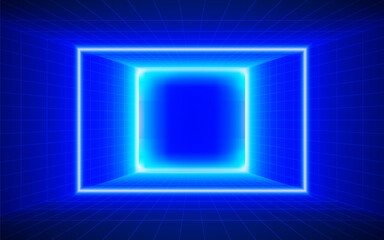 Futuristic technological square grid background. Digital futurist cyber space design, cyberpunk tech, Portal to virtual reality, science fiction matrix, science light perspective wallpaper, template