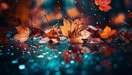 Autumn leaf and drop of rain