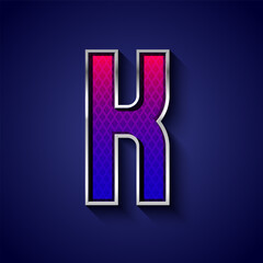 3d metallic font with chrome contour, trendy silver metal alphabet, modern letter K with grid texture, vector illustration 10eps