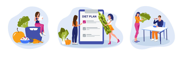 Set of colored cartoon characters of young people eating healthy food. Diet meal for weight loss. Fresh fruits and vegetables as sources of energy. Vector