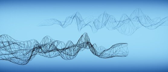 Connected low poly lines or polygonal landscape, abstract blue wave structure background