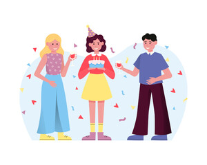 Colorful cartoon characters celebrating birthday together. Time for birthday celebration with colorful confetti and cake. Leisure time and hanging out with friends. Vector