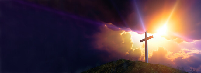 Obraz premium Christian easter. Conceptual religious symbol on a colorful sky at sunset. Generative AI