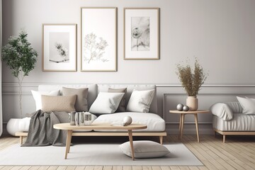 Stylish living room interior with modern light couch and home plants | Stylish white modern living room interior, home decor | Wall mock up in living room. Scandinavian interior,Generative AI