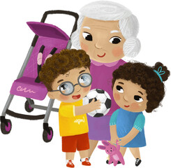 cartoon scene with grandmother grandma and kids girl and boy near baby carriage playing on white background illustration