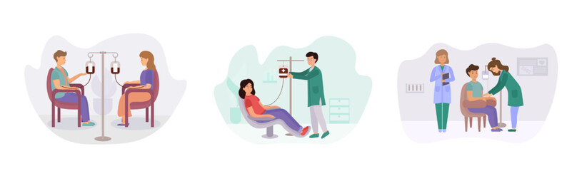 Set of different cartoon characters donating their blood in hospital. Social active youth. Volunteering organization members. Lifesaving impact of blood. Vector