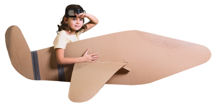 Cute little girl with paper plane isolated on white background