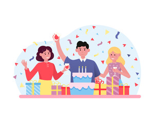 Cartoon characters of man and women celebrating birthday. Entertainment time and hanging out with friends. Birthday celebration with cake, beverages, gifts and colorful confetti. Vector