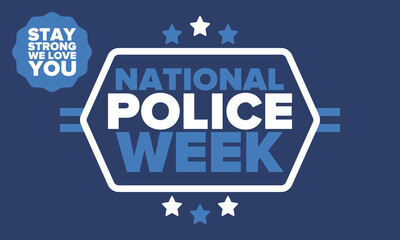 National Police Week in May. Celebrated annual in United States. In honor of the police hero. Police badge and patriotic elements. Officers Memorial Day. Poster, card, banner. Vector illustration - obrazy, fototapety, plakaty