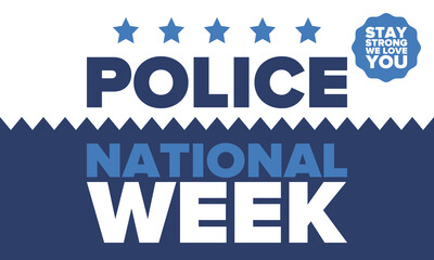 National Police Week in May. Celebrated annual in United States. In honor of the police hero. Police badge and patriotic elements. Officers Memorial Day. Poster, card, banner. Vector illustration
