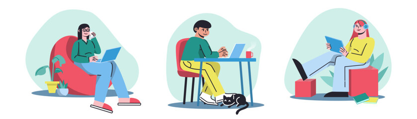 Set of cartoon characters of freelancer working at home. Benefits of remote job. Idea of distant work. Modern convenient workplace. Process of studying during quarantine. Vector