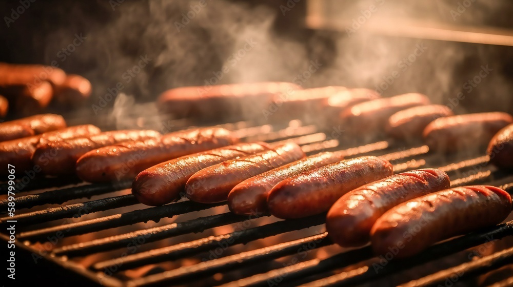 Wall mural Delicious grilled sausages laying on a hot grill during summertime