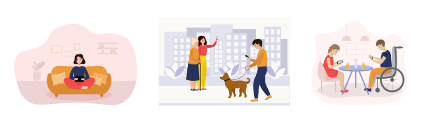 Set of cartoon characters of young people using social media. Process of sharing content in social networks. Modern urban lifestyle. Contemporary digital environment. Vector