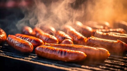 Delicious grilled sausages laying on a hot grill during summertime