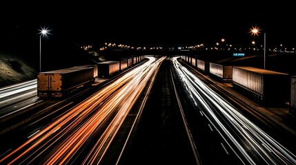 Fototapeta na wymiar Long exposure shot of a intense traffic highway in the night, created using Generative AI technology