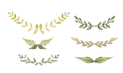 Halves of wreaths from green branches of plants. Elements for design. Hand drawn watercolor illustration isolated on white background