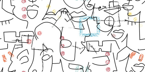 One line drawing. Abstract face seamless pattern.