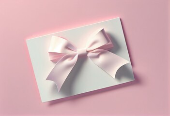 Blank white gift card with pink ribbon bow isolated on pink pastel color background with shadow minimal concept 3D rendering. Generative AI