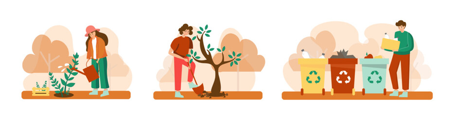 Set of cartoon characters of young people taking care of nature. Living in eco green city. Social charity activities. Planting trees and sorting garbage. Vector
