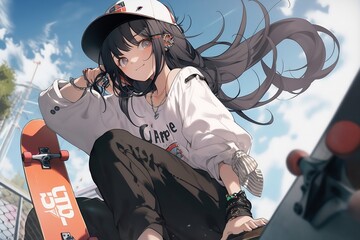 cute skater woman, outdoors, chilling, rap pose, japanese anime style. generative AI