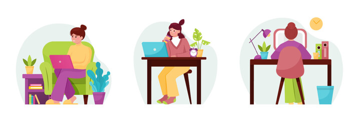 Group of cartoon characters of young people working at home. Time management strategy for freelancers working in cozy environment. Idea of doing distant job. Vector