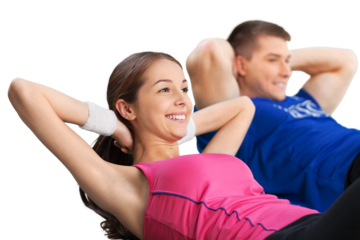 Young couple training together  on white background