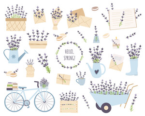 Flat lavender flower set. Wreath, cart, letter, watering can, books, coffee cup, box with flowers.