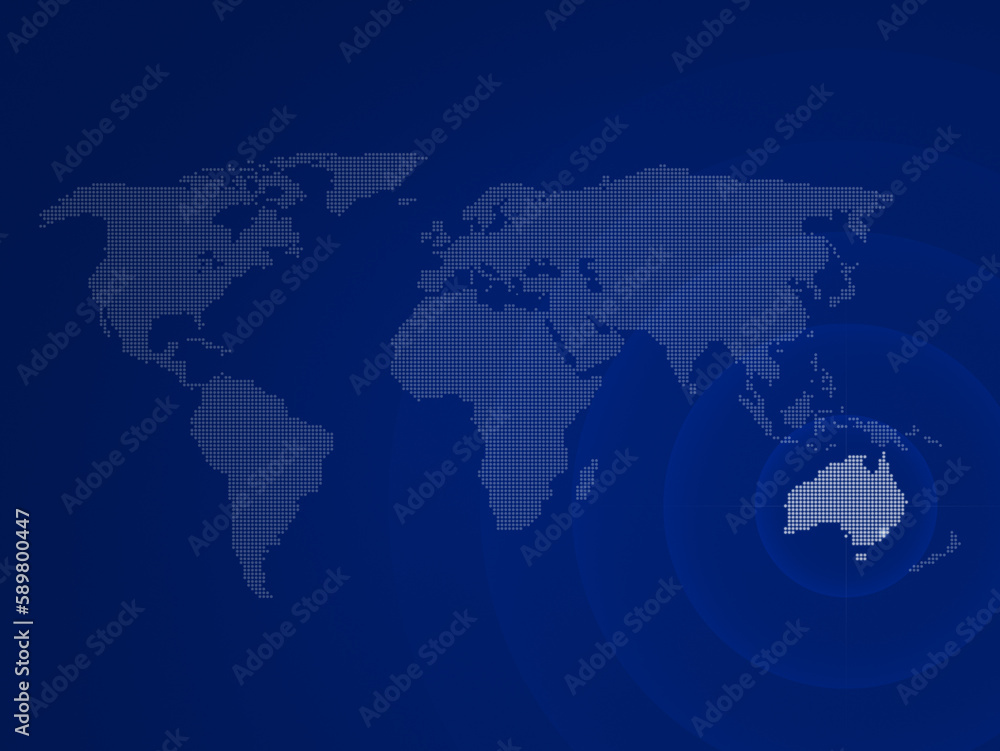 Poster dotted halftone world map with the country of australia highlighted. modern and clean world map on a