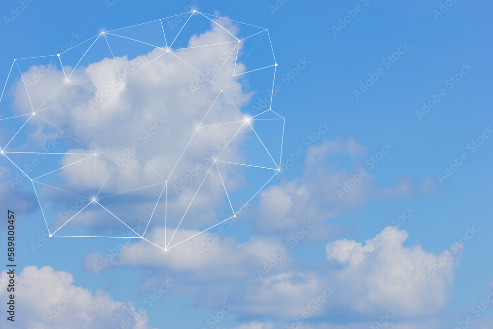Poster cloud in the blue sky with mesh polygon wireframe. cloud computing, networking, communication and te