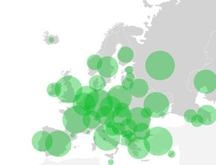 Map of the Europe continent with green transparent circles representing the population in each country. Graphic illustration of population in the European countries, conceptual map. © tuomaslehtinen