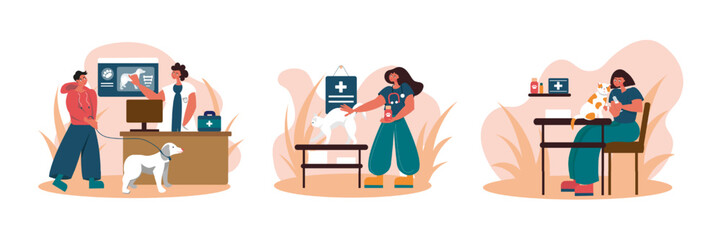 Set of cartoon characters of people working as veterinarians. Process of examining dogs and cats. Modern animal healthcare services. Medical center for domestic animals treatment. Vector