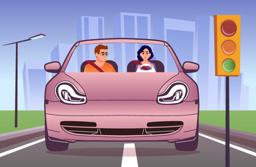 Cartoon characters of instructor and young woman driving car. Process of learning road signs with teacher. Driving school student taking course. Vector