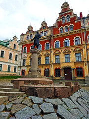 Ancient buildings on the streets of the city of Vyborg in Russia.  Cityscape with old houses in downtown. Popular tourist destination and landmark.