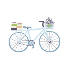 Bicycle, stack of books and lavender basket. Vector illustration. Simple flat style.