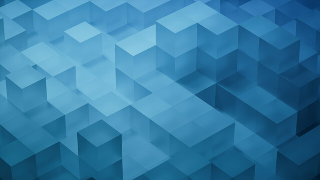 Neatly Aligned Translucent Blocks. Blue, Contemporary Tech Background. 3D Render.