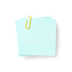 Blue sticky notes with paper clip on white background