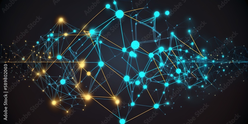 Poster connected dots and lines form a network backdrop. generative ai