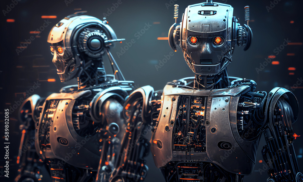 Poster 3d robot automated team working ai chatbot future process futuristic industry engineering background