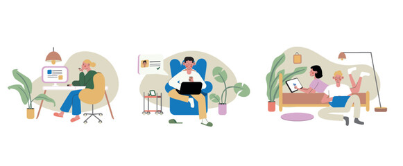 Naklejka premium Set of cartoon characters working from modern convenient workplaces. Benefits of remote job. Distant work and telecommuting career. Freelancers, copywriters, and graphic designers. Vector